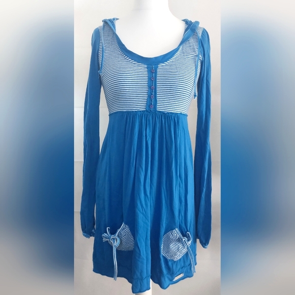 Superdry Dresses & Skirts - SUPERDRY Size 12 Vintage Thrift Hooded Dress M Blue Stripe Jersey Thumb Holes